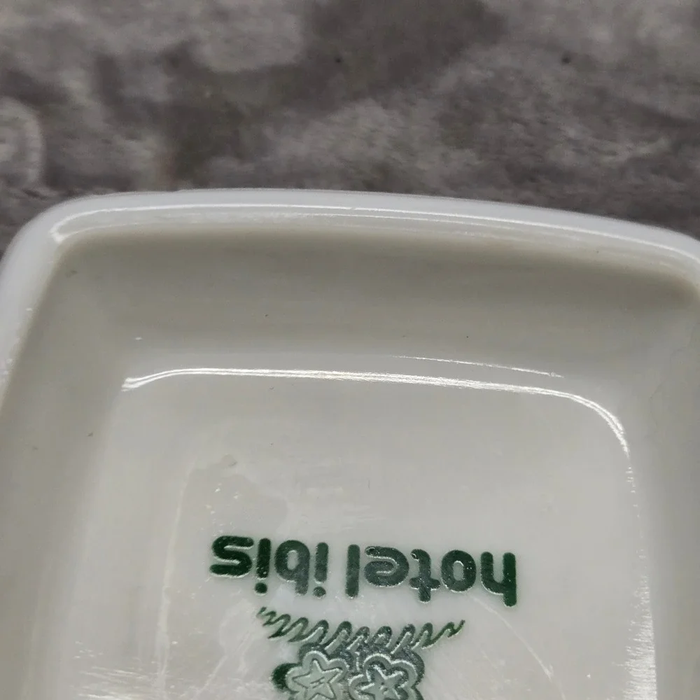 Vintage Hotel Ibis White Ceramic Square Trinket Dish Green Logo Memorabilia